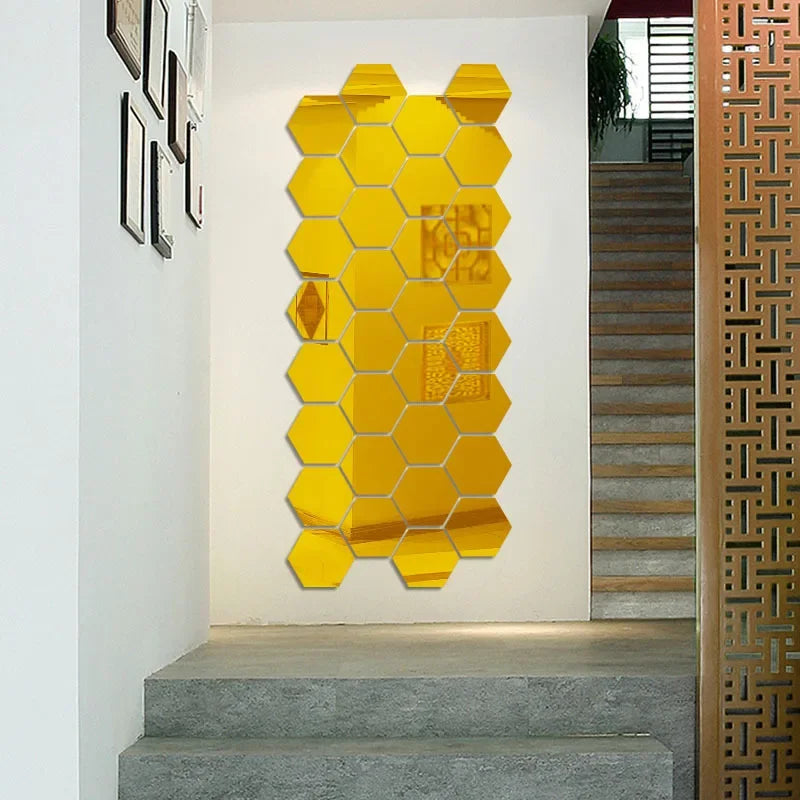 12Pcs Bedroom Art Wall Home Decor Mirror Hexagon 3D Mirror DIY Wall Sticker Stickers Decoration Decor Stickers Self Adhesive