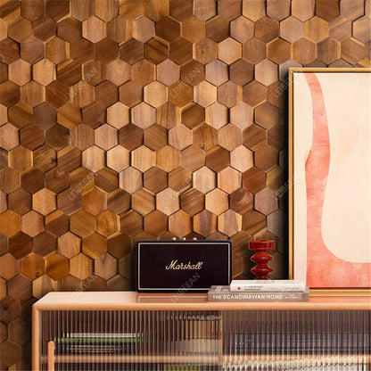 Modern 3D Wood Hexagon Wooden Panel Wall Panel Walnut Wood Mosaic Tile Wall Sticker for TV Background Art Wall Decor 30X26Cm