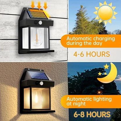 Solar Tungsten Wall Lights Outdoor Motion Sensor - 3 Modes IP65 Waterproof LED Barn Light, Auto Charging Solar Wall Sconce