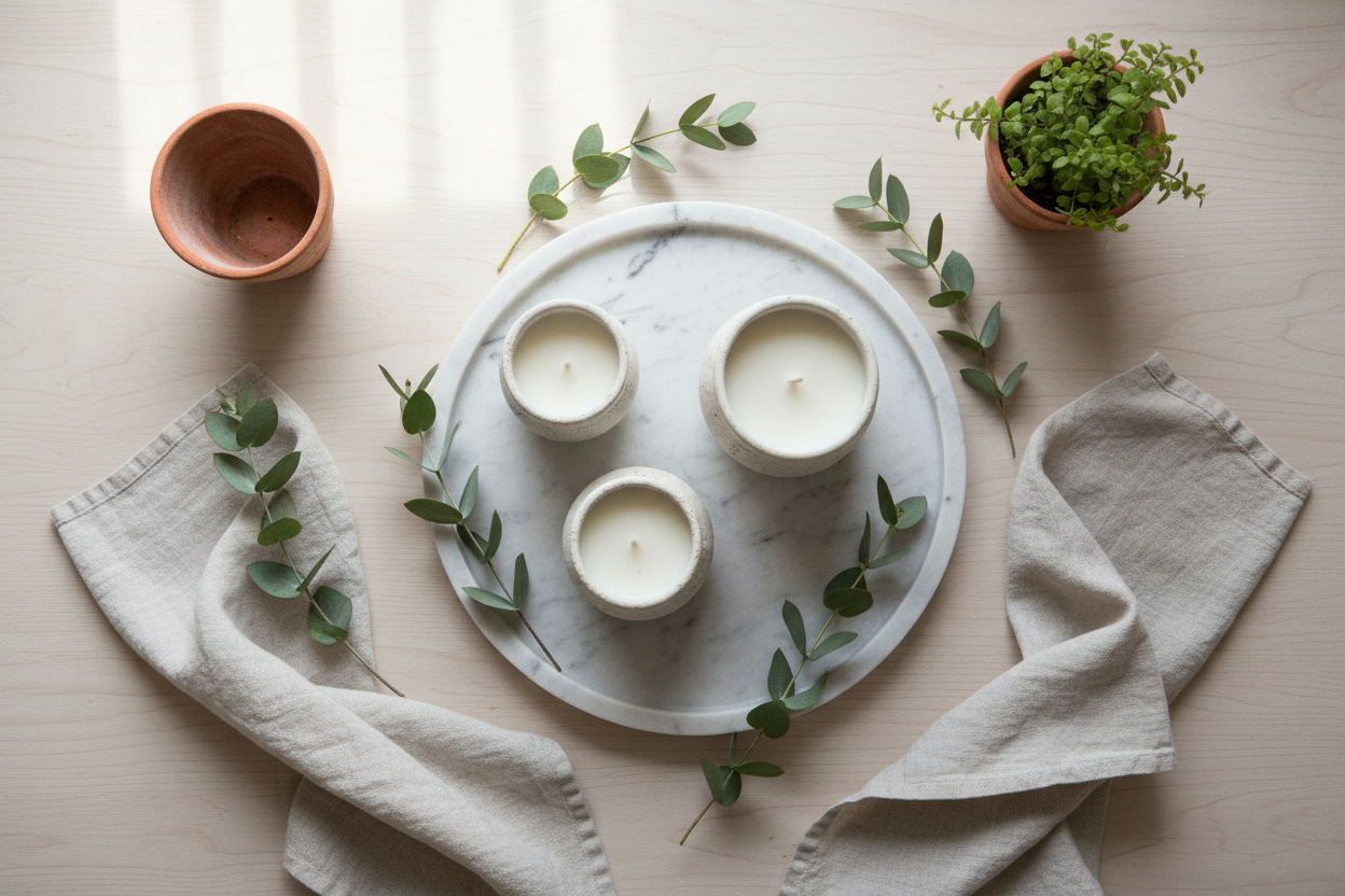 Flat lay sofisticado com velas e elementos naturais