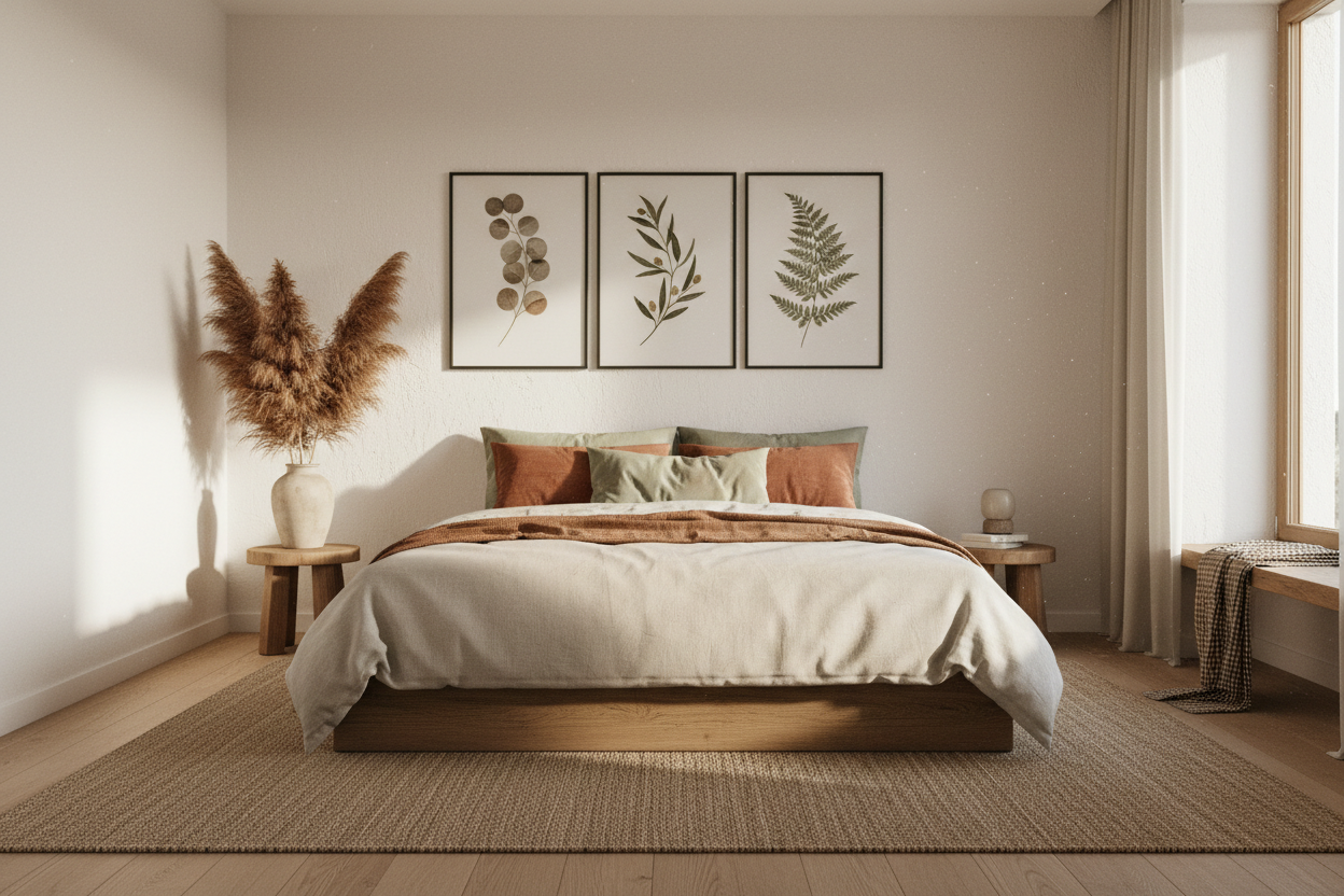 Quarto minimalista com estilo botânico europeu