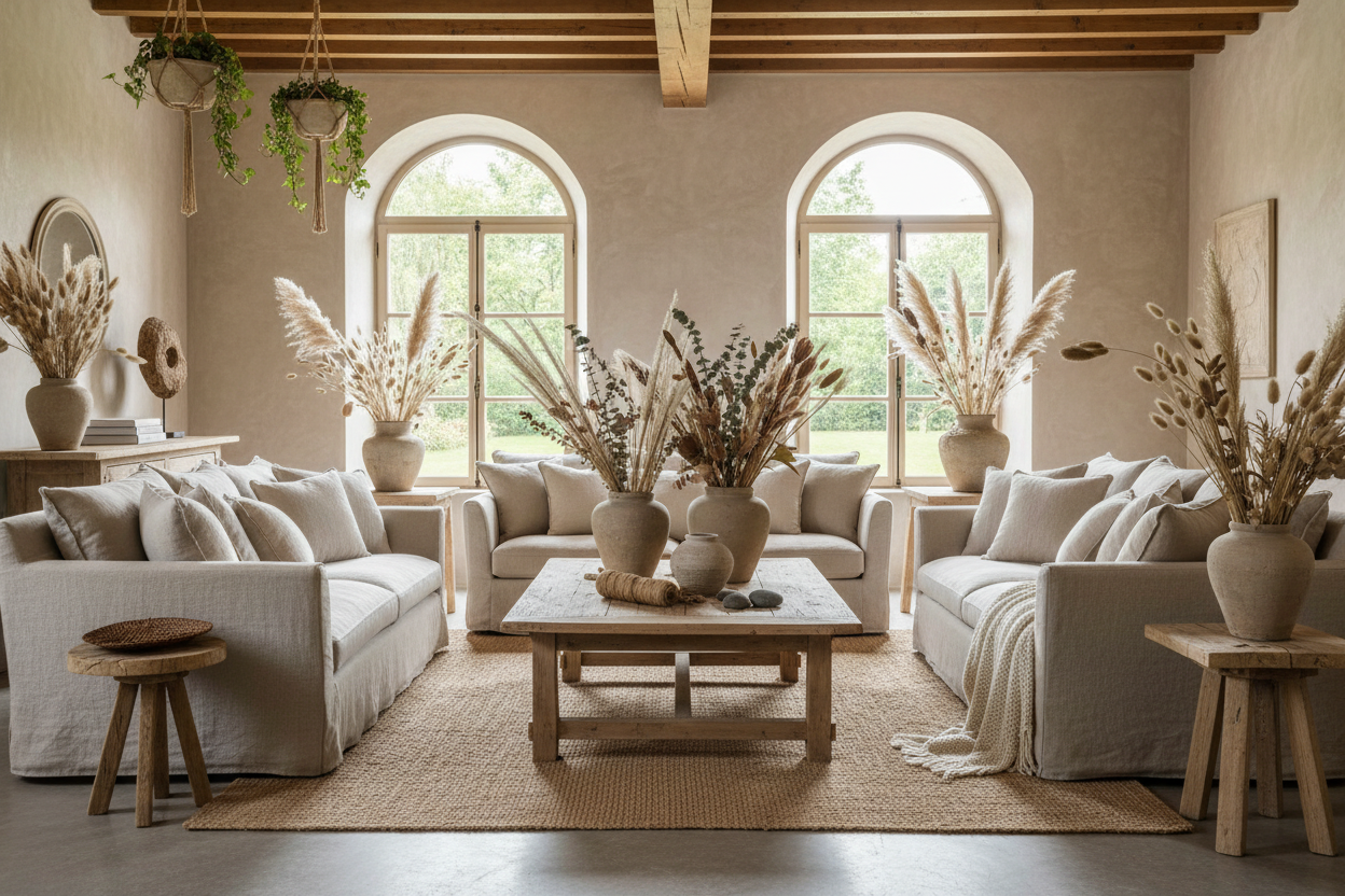 Sala de estar elegante com elementos botânicos